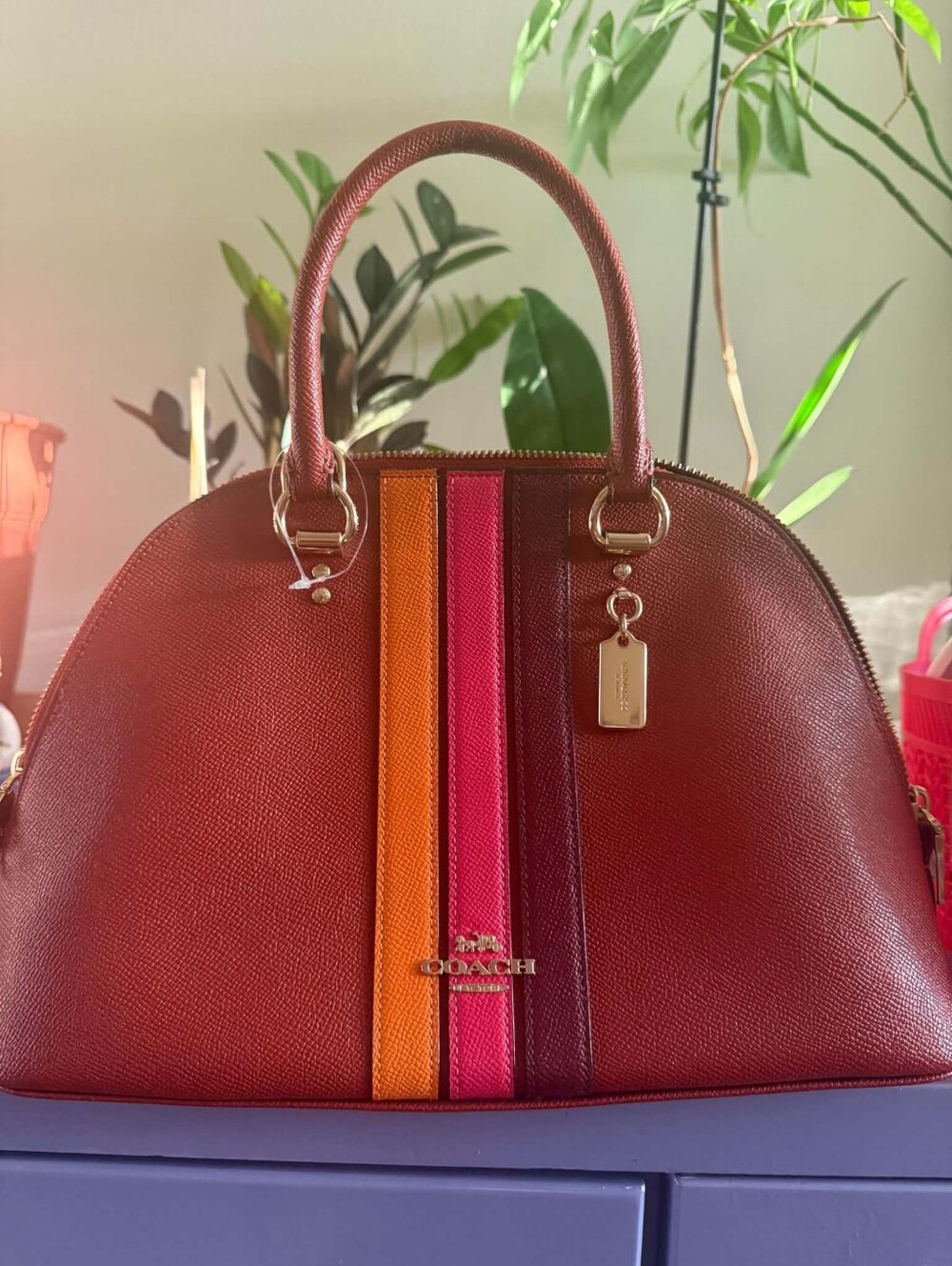 Coach Red Leather Dome Satchel with Orange, Pink and Burgundy Stripes